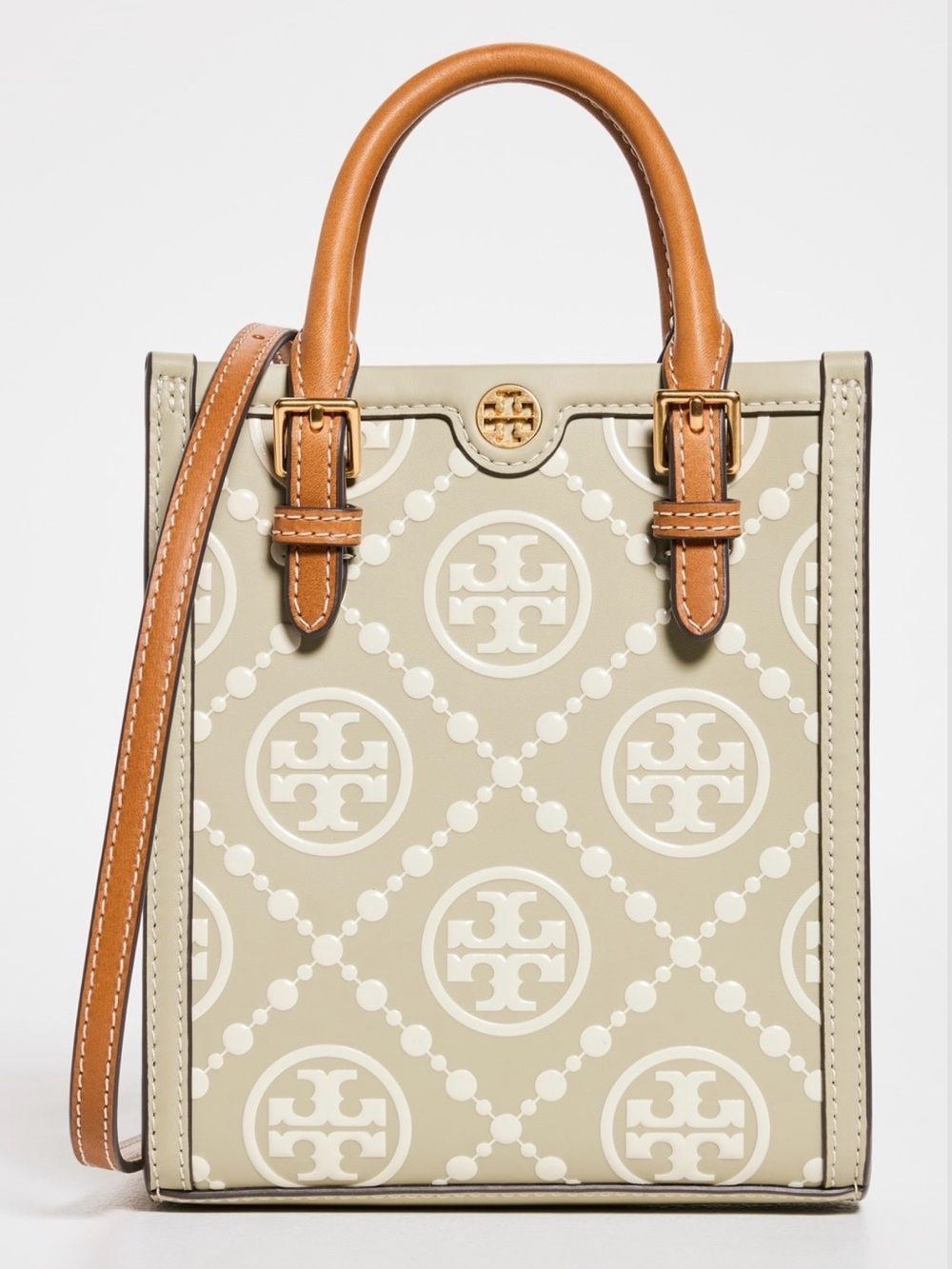 NWT Tory Burch Embossed Monogram Mini-Tote (Mint / White / Tan)